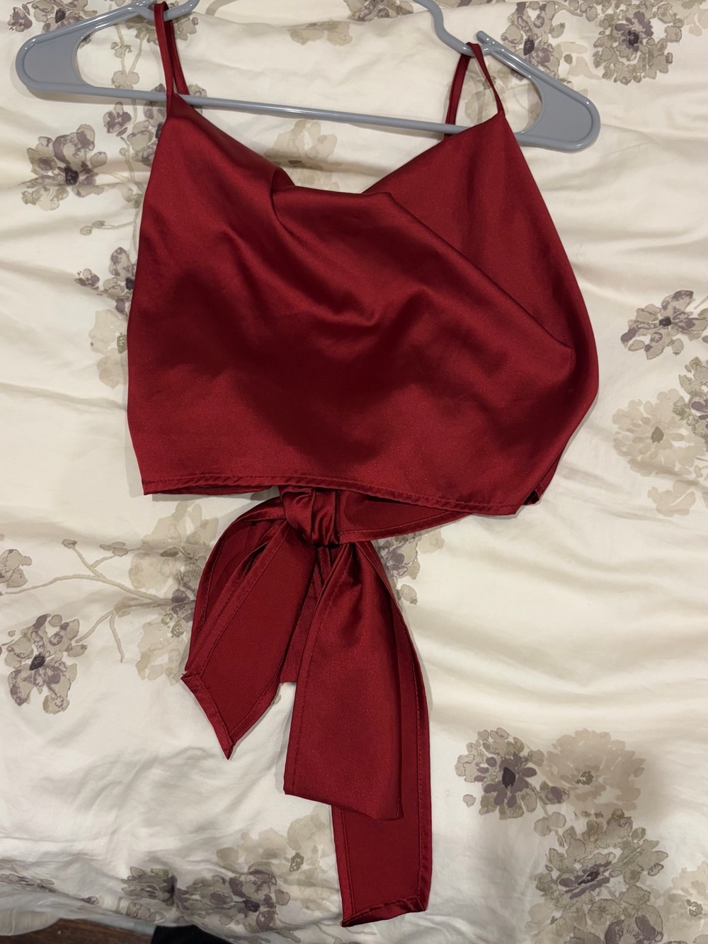 Satin Tie-Back Crop Top in Deep Wine Red